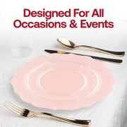 Stylish pearl pink plastic plates for appetizers and salads, 7.5-inch round shape with a lotus motif, sold in a 120-piece set