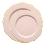 Stylish pink and gold disposable dinnerware featuring blossom-rimmed plates, perfect for bridal showers, baby showers, and upscale parties