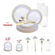 Stylish reception setup highlighted by the White with Blue and Gold Chord Rim Plastic Wedding Value Set with luxurious gold details.