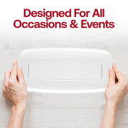 Stylish solid clear plastic plates, disposable with a flat raised edge and rectangular shape, 10.6x5 inches, sold as a set of 120