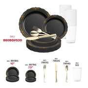 Stylish table décor using the Black with Gold Vintage Rim Set with gold cutlery for upscale receptions.