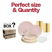 Stylish table display with the Pink with Gold Organic Disposable Plastic Tableware Set’s sculpted plates, bowls, and cutlery