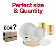 Stylish tablescape captured with the Gray with Gold Organic Disposable Plastic Tableware Set’s sculpted plates and fine flatware