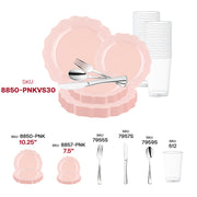 Stylish tablescape showing the Pearl Pink Lotus wedding set arranged with delicate florals and matching flatware.