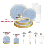 Stylish wedding table featuring Clear Blue Hammered Glass Dinnerware Set with graceful gold-toned utensils.