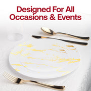 Stylish white appetizer plates with gold marble accents, 7.5-inch round disposable design, sold as a 120-pack