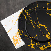 Stylish white cocktail napkins with gold paint splatter design, perfect for elegant drink service, 600-count case