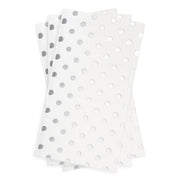 Stylish white dinner napkins with silver polka dots, perfect for weddings, parties, and holiday gatherings