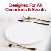 Stylish white disposable salad and appetizer plates, flat round design, 8.5 inches wide, perfect for special occasions, pack of 120
