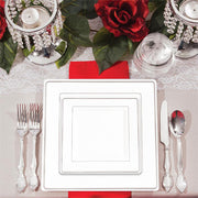 Stylish white plastic appetizer plates with silver square edge rim, 6.5 inches wide, lightweight, and sold in a 120-pack
