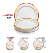 Stylish white round plastic appetizer plates with burgundy and gold harmony detailing on the rim, 7.5-inch size
