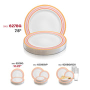 Stylish white round plastic appetizer plates with red and gold chord detailing on the rim, 7.5-inch size, pack of 120