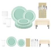 Sweet Pea Baby Shower Tableware Set with turquoise vintage plates and silver moderno cutlery arranged on table.