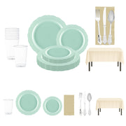 Sweet Pea Baby Shower Tableware Set with turquoise vintage plates and silver moderno cutlery arranged on table.