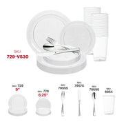 Table setting with 9" buffet and 6.25" pastry clear floral plates from wedding disposable dinnerware bundle.