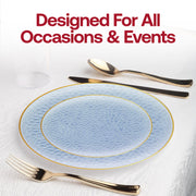 Tabletop elegance elevated by the Clear Blue and Gold Hammered Glass Set in a modern reception setting