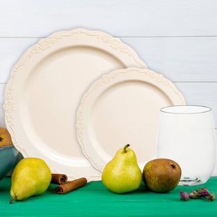 Thanksgiving set with natural round palm leaf plates and sustainable birch cutlery for conscious hosts