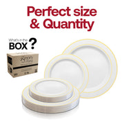 The 10.25-inch round dinner plate showcases a classic white base accented by a radiant gold edge, ideal for serving main courses with sophistication