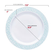 The 7.5-inch round appetizer plate in pristine white features an intricate turquoise blue and silver mosaic rim—ideal for serving appetizers or desserts with a touch of elegance