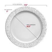 The 7.5-inch round salad plate, in classic white and finished with an elegant silver hammered rim, is perfect for serving fresh salads or refined desserts