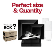 The Black Square Plastic Wedding Value Set includes 9.5-inch dinner plates, 6.5-inch appetizer plates, elegant cutlery, and 4.5-inch cups