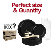 The Black Vintage Rim Round Disposable Plastic Wedding Value Set includes 10-inch dinner plates, 7.5-inch appetizer plates, 7.25-inch forks, 8-inch knives, 6.25-inch spoons, and 4.5-inch cups for a complete dining experience