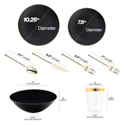 The Black with Gold Organic Tableware Set includes 10.25” plates, 7.5” appetizers, gold utensils, 7” bowls, and 3.75” cups