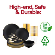 The Black with Gold Organic Tableware Set provides generous, well-balanced sizing for weddings, upscale dinners, and events