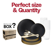 The Black with Gold Rim Organic Round Disposable Plastic Wedding Value Set includes 10.25" dinner plates, 7.5" appetizer plates, 7.25" forks, 8" knives, 6.25" spoons, and 4.5" cups, offering a complete set for an elevated dining experience