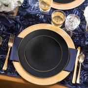 The Black with Gold Rim Organic Round Disposable Plastic Wedding Value Set offers the ideal size and quantity to perfectly suit your gathering, ensuring you have the ideal tableware for your event