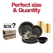 The Black with Gold Vintage Tableware Set includes 10” and 7.5” plates, gold utensils, 7” bowls, and 3.75” matching drink cups