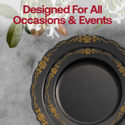 The Black with Gold Vintage Tableware Set includes perfectly sized pieces for formal dinners, weddings, and luxury receptions