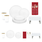 The Blessed Set features clear lotus plates with gold rims and Moderno gold-handle cutlery, ready to serve