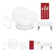 The Blessed Set features clear lotus plates with gold rims and Moderno gold-handle cutlery, ready to serve