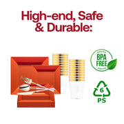 The Burnt Orange Square Disposable Plastic Tableware Set delivers ideal proportions for elegant gatherings and lavish celebrations