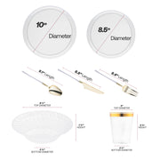 The Clear Flat Round Tableware Set includes 10” dinner and 8.5” appetizer plates, gold cutlery, 6.25” bowls, and 3.75” cups