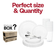 The Clear Vintage Round Disposable Plastic Wedding Value Set includes 10.25" dinner plates, 7.5" appetizer plates, 7.25" forks, 8" knives, 6.25" spoons, and 4.5" cups, ensuring all the essentials for your gathering