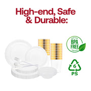 The Clear Vintage Tableware Set features ideal dimensions for serving elegant meals at weddings, showers, or formal receptions