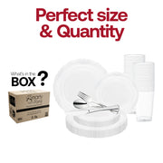 The Clear with Silver Vintage Rim Round Disposable Plastic Wedding Value Set includes 10.25" dinner plates, 7.5" appetizer plates, 7.25" forks, 8" knives, 6.25" spoons, and 4.5" cups, providing all the essentials for your gathering