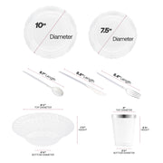 The Clear with Silver Vintage Tableware Set includes 10” plates, 7.5” appetizers, silverware, 6.25” bowls, and 3.75” matching cups