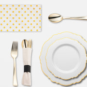 The Golden Hour Package in use at a glamorous bridal shower with matching plates, cutlery, and champagne flutes