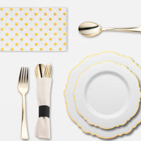The Golden Hour Package in use at a glamorous bridal shower with matching plates, cutlery, and champagne flutes