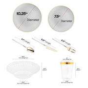 The Gray with Gold Organic Disposable Tableware Set includes 10.25” plates, 7.5” appetizers, utensils, 6.25” bowls, and 3.75” cups