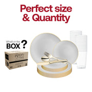 The Gray with Gold Organic Round Disposable Plastic Wedding Value Set includes 10.25" dinner plates, 7.5" appetizer plates, 7.25" forks, 8" knives, 6.25" spoons, and 4.5" cups, providing all the essentials for your event