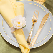 The Gray with Gold Organic Round Disposable Plastic Wedding Value Set offers the perfect combination of size and quantity, providing all the necessary pieces for your gathering