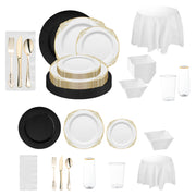 The Hollywood Hangover Package arranged with black chargers, gold flatware, and white tablecloths for a glamorous wedding.