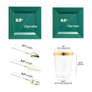 The Hunter Green Square Disposable Plastic Tableware Set includes 9.5-inch dinner plates, 6.5-inch appetizers, cutlery, and 4.5-inch cups