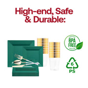 The Hunter Green Square Disposable Plastic Tableware Set offers ideal sizing for lavish weddings, upscale galas, and grand celebrations