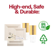 The Ivory Square Disposable Plastic Tableware Set offers artfully portioned dinnerware, ideal for splendid weddings and opulent receptions