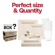 The Ivory Square Plastic Wedding Set includes 9.5-inch dinner plates, 6.5-inch appetizers, gold utensils, and 4.5-inch cups